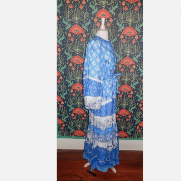 A Loves A Blue Hummingbird Border Print Balloon Sleeve Maxi Dress - Picture 5 of 6